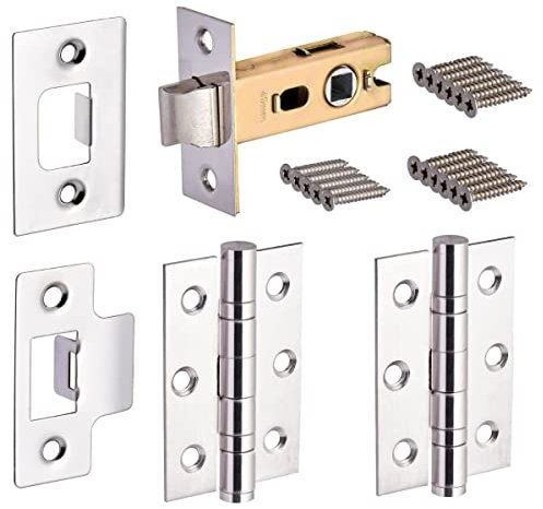 Hardware Solutions - Tubular Latch 76mm and Ball Bearing Hinges 76mm - Premium Design - Polished Stainless Steel - Fixings Included
