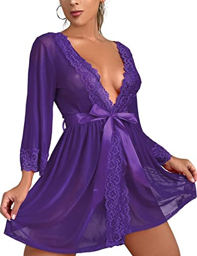 Tuopuda Camicie da Notte Intimo Donna Sexy Lingerie Babydoll in Pizzo Trasparente Pigiama Kimono Vestaglia Lace Biancheria Intima da Notte con G-String Cintura Accappatoio Abito da Notte, Viola, M