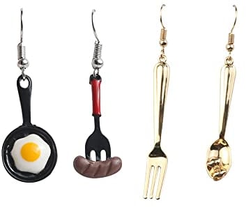 Cute Food Imitate Saucepan Fried Egg Spoon Fork Hot Dog Sausage Dangle Earrings Funny Asymmetry Earrings for Women Girls Foodies, Zinc, No Gemstone
