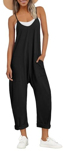AUTOMET Tute per donna Casual Estate Pagliaccetti Senza Maniche Allentato Spaghetti Strap Baggy Salopette Maglioni con Tasche 2023, Nero, M
