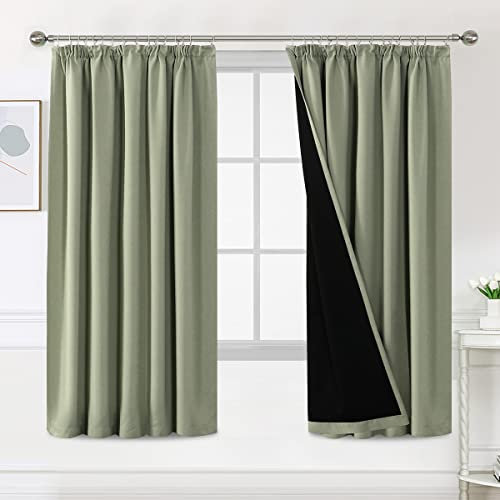 BellaHills 100% Blackout Curtains for Bedroom Thermal Insulated Curtains & Drapes Blackout Curtains Pencil Pleat Curtains for Living Room with Black Liner 2 Panels, 90 x 72 Inch, Light Sage