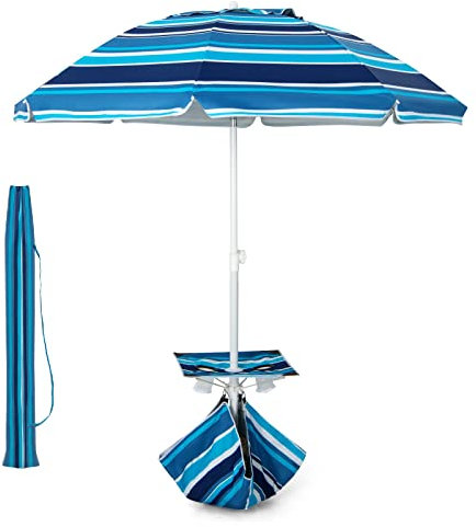 TANGZON 2M Beach Umbrella, Tilting Height Adjustable Garden Parasol Sunshade with Table, Sandbag & Carrying Bag, Outdoor Folding Portable Valance Table Umbrella for Patio Market Poolside (Navy)