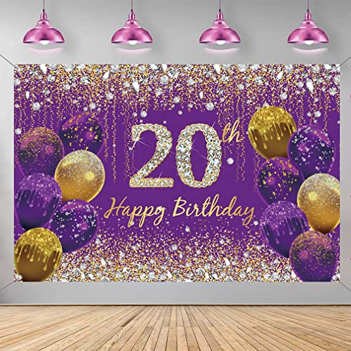 20. Geburtstag Deko für Frauen, Lila Glitzer Flecken Stoff Schild Plakat Geburtstag Party Dekoration Hintergrund Banner Frau, 20 Geburtstagsfeier Deko