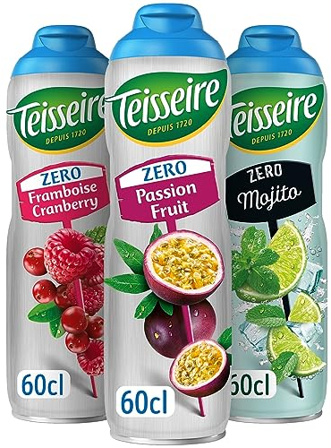 Lot de 3 sirops Teisseire Zéro Sucres (Fruit de la Passion, Framboise-Cranberry, Mojito) pour Boisson Rafraîchissante, Cocktails, Bidon Recyclable 3x60cl