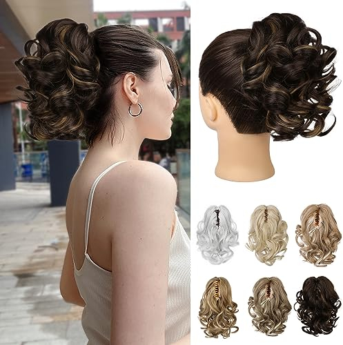 REECHO Pferdeschwanz Haarverlängerung, 23 cm Kurze lockige gewellte Haarklammer Haarteil Pferdeschwänze Haarverlängerungen Haarteile für Frauen Ponytail Extension - Dunkelbraun mit Strähnchen
