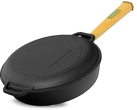 4BIG.fun Ø24cm - Gusseisenpfanne - 47mm hoch Abnehmbarer Holzgriff - Deckel-Bratpfanne aus Gusseisen - Gußeisen Pfanne - geeignet für Gasgrill, Backofen, Feuerstelle Induktion und alle Herdarten
