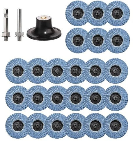Yeeliv Lot de 27 disques à lamelles de 50 mm - Grain 40/60/80/120 - Disque à ébarber en corindon de zirconium pour métal, bois, acier, disques à changement rapide avec support de disque et barre ronde