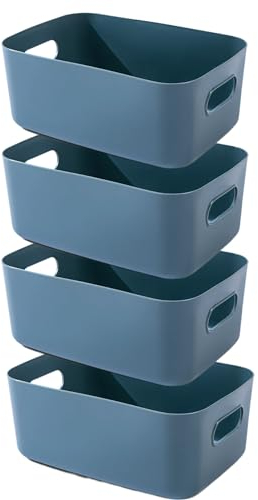 EURXLQ 4 Stück Aufbewahrungsbox Kunststoff Aufbewahrungskorb mit Griffen Eingedicktes Badezimmer Organizer Küchenschrank Körbe Aufbewahrung Kunststoffbox für Badezimmer Küche (Blau, 30×20×12 cm)