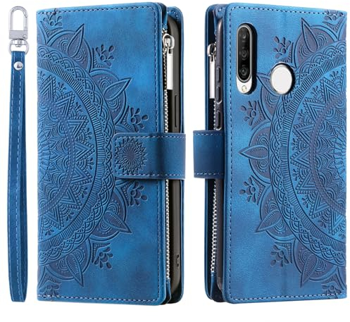 VEEMOS Handyhülle für Huawei P30 Lite hülle Klappbar Blumen Handytasche Schutzhülle Klapphülle mit Kartenfach Handy Tasche Book Cover Flip Case Ständer - Blau