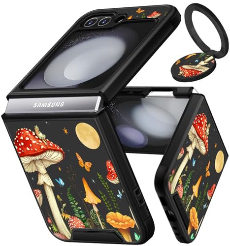 Funermei (2in1 for Samsung Galaxy Z Flip 5 Case for Women Girls Mushroom Cute Teens Phone Cover Girly Pretty Aesthetic Moon Design with Ring Stand Luxury Funda for Samsung Z Flip 5 Cases 6.7'' (2023)