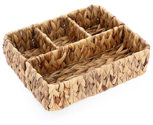 BSTKEY Natural Water Hyacinth Divided Storage Basket Organizer for Coffee Bar, Snacks, Coffee Pods, Tea