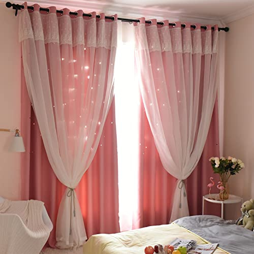 Freyamy 2er-Set Gardinen Mädchen Rosa Glänzend Sterne Spitze Vorhänge mit Ösen Halbtransparent,Kinderzimmer Vorhang für Schlafzimmer Wohnzimmer Verdunkelungsvorhang 200 x 100 cm (HxB)