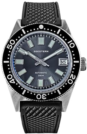 Seestern S404 Automatik Stahl Grau Full Lumen Schwarz Datumsanzeige Silikon Diver Herrenuhr, Armband