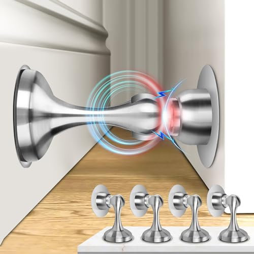 Profasion Magnetic Door Stoppers 4 Pack, Stainless Steel Door Stops for Wall and Floor Mounting, Door Holder Keep Door Open, No Drilling Door Stop with 3D Adhesive Tapes, Silver