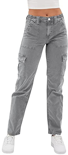 Damen Cargo Einfarbige Jeans Gerade Breites Bein Jeanshose Wide Leg Cargohose Freizeit Hose Stretch Baggy Lang Jeanshosen Mit Seitentaschen High Waist Freizeithose Lockere Damenhosen (Grau, XXL)