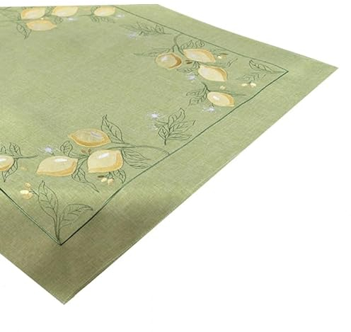 Raebel OHG Mediterrane Tischdecke mit Stickerei/Applikationen in Grün mit gelben Zitronen (85 x 85 cm)