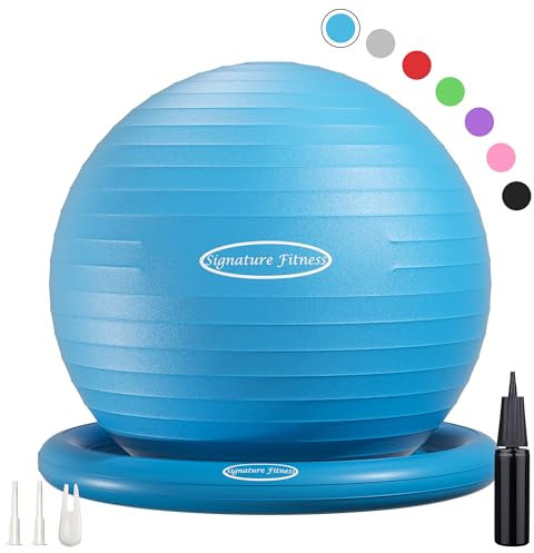 Signature Balance Ball with Base Kit, 65cm 26 Yoga Ball Chair, Exercise Ball with Inflatable Ring Base for Home or Office Desk,Includes Air Pump, Blue