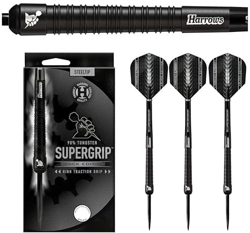 Harrows SUPERGRIP Black Edition Dartset mit 90% Wolframstahlspitze. Erhältlich in 21 g, 22 g, 23 g, 24 g, 25 g, 26 g, 28 g und 30 g – inklusive Supergrip-Schäften und Supergrip-Flights (28 Grams)