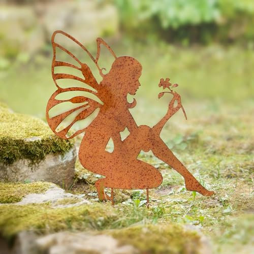 Dekoleidenschaft Gartenstecker Fee Garten-Dekofigur aus Metall, Echtrost, Dekostecker, Roststecker, Metallstecker, Gartendeko für Draußen, Rostdeko, Metalldekoration wetterfest, Blumenstecker Elfe