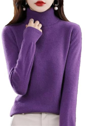 Maglione da donna a collo alto in 100% lana merino e cashmere, Viola, XL