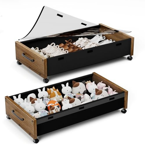 KITHELP Unterbettkommode mit Rollen, Schuhaufbewahrung unter dem Bett, Schubladen mit herausziehbarem Fenster, extra große Rollunterbettkommode, Metallschublade für Kleidung (Walnussbraun, 2er-Pack)