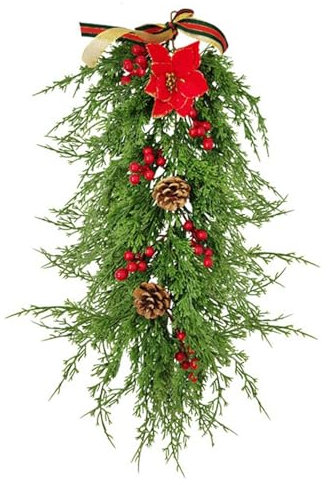 FOUDAY Christmas Teardrop Swag, Artificial Pine Wreaths, 65 * 23cm Front Door Teardrop Wreath for Holiday and Christmas Decoration