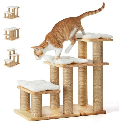 FUKUMARU Escalera para perros, 3 peldaños para mascotas, escalera para gatos de madera de caucho natural y yute, altura ajustable de 18 a 50 cm, soporta hasta 90 kg, cojín de felpa lavable, 6