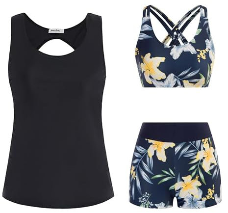 JASAMBAC Tankini Damen Set,3-Teiliger Bikini Damen Bauchweg,Push-Up-Bikinioberteil Und High Waist Badeshorts, Einfache Badebekleidung, Sport-Badeanzug, Badebekleidung FüR Schwimmbad, Strand