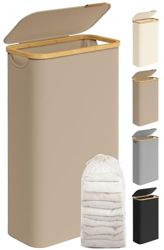SONGMICS Panier à Linge Mince avec Couvercle, 65L, Gain de Place, Doublure en Maille Amovible, Tissu Oxford, Poignées en Bambou, Pliable, 42 x 22,5 x 70,5 cm, Marron Camel LCB506N02
