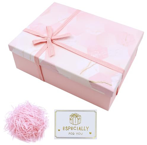 Realjoy Scatola Regalo con Coperchio,Scatole Regalo Rose,Confezione Regalo 25x18x8,5cm con Biglietto di Auguri e Rafia,Pacco Regalo per Compleanni,Matrimoni,San Valentino,Natale(Marezzatura)