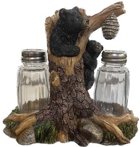 Pine Ridge Bear Salt And Pepper Shaker - Two Glass Shakers, Bear In Tree Holder Caddy For Spices And Seasonings, For Kitchen, Dining Or Table Décor