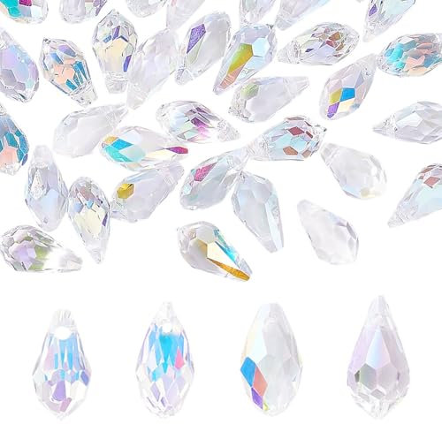 AHANDMAKER 48Pcs Faceted Teardrop Crystal Beads, 4 Styles Clear AB Teardrop Glass Beads, Top Drilled Crystal Grid Teardrop Chandelier Dangle Pendants for DIY Craft Jewelry Making Suncatcher Home Decor