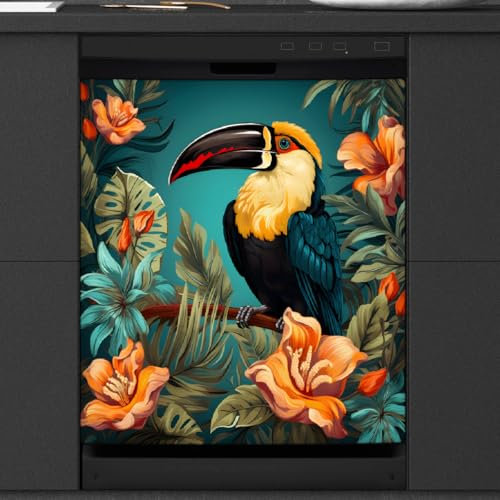 Mexpekil Magnetische Abdeckung für Geschirrspüler, Tukan-Blume, magnetische Geschirrspüler-Aufkleber, 66 x 53 cm, magnetische Abdeckung für Küche, Geschirrspüler, Kunst