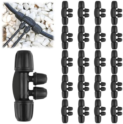 Kalolary 20PCS Locked Barbed Tee Connectors, 5/16 to 1/4 Drip Irrigation Fittings Kit 8/12mm to 4/7mm Tube Lock Female Connector 4-Way Barbed Lock Irrigation Parts for Watering System (Black)