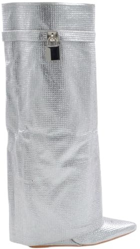 Stivali Donna al Ginocchio Shark a Punta in Tessuto Argento con Brillantini e Lucchetto Argento Zeppa 10cm Zip Nascosta (36 EU)