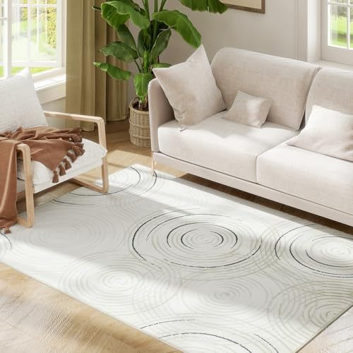 HOMCOM Modern Area Rug, Swirl Pattern Machine Washable Rug, Allergy-Friendly Floor Carpet for Living Room, Bedroom, Dining Room, Home Office, 170 x 120 cm, Cream White