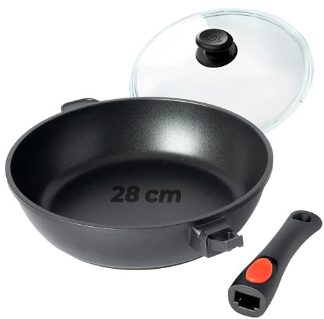BIOL Schmorpfanne 28 cm mit Glasdeckel & hohem Rand – Antihaft Pfanne Induktion aus Aluminium, PFOA-frei, abnehmbarer Griff, für Braten & Schmoren