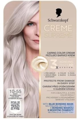 Schwarzkopf Creme Supreme Permanent Hair Dye with Ammonia, 10-55 Cold Silver Blonde, 182 ml, Hair dye that provides care, Protection against damage, Neutralizes yellow tones, Pack of 1