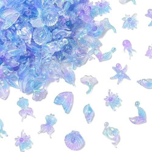 KitBeads 200 Stück Farbverlauf Meerjungfrau Fischschwanz Nagel Charms Blau Lila Leuchtende Marine Fisch Muschel Harz Cabochons für Nagelkunst Dekoration Zubehör