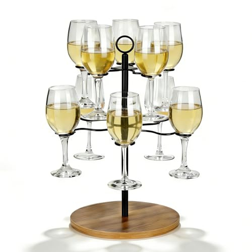 JUJOYBD Getränke Tower für 10 Gläser, 2-stufiger Servierbaum H 42 cm | Getränketurm mit Holzsockel für Party Buffet, Perfekt für Weingläser Aperolgläser Champagnergläser