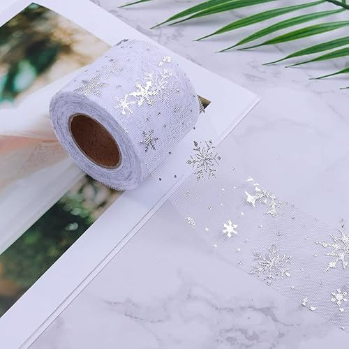Weihnachtsband, 6 cm Breites Durchsichtiges Organzaband, Glitzer Schneeflocken Band zum Verpacken von Geschenken, Schneeflockenband für Weihnachtsbaum- und Partydekoration (25 Yards)