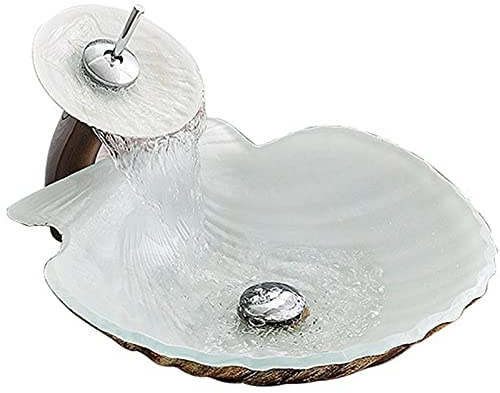 Lavabo de Salle de Bain en Verre Artistique en Forme de Coquille Saint-Jacques, lavabo avec Robinet et bonde escamotable, Petit lavabo de Bar, de Bureau ou de Maison, 45 x 11 x 1,2 cm