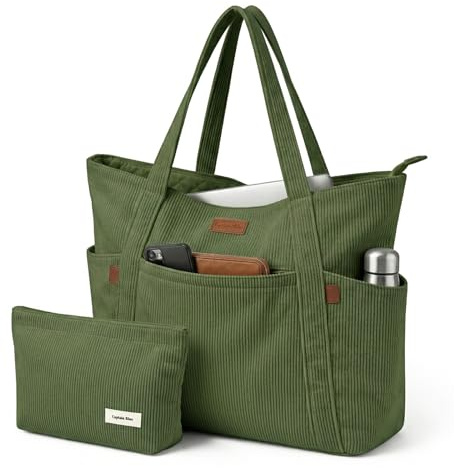 Captain Blues Cord Tasche Damen, Große Tote Bag mit Laptopfach, Shopper Tasche Damen mit Reißverschluss und weichem Baumwollfutter, Strandtasche, Arbeitstasche für Uni, Schule, Lehrer
