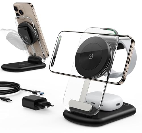 Kompatibel mit Mag Safe Ladegerät,Ladestation Apple Watch und iPhone | Induktive Ladestation für iPhone 17 Air/17e-12,Mag Safe Ladestation für Apple Watch 10/9,AirPods Faltbar,Carbon Schwarz