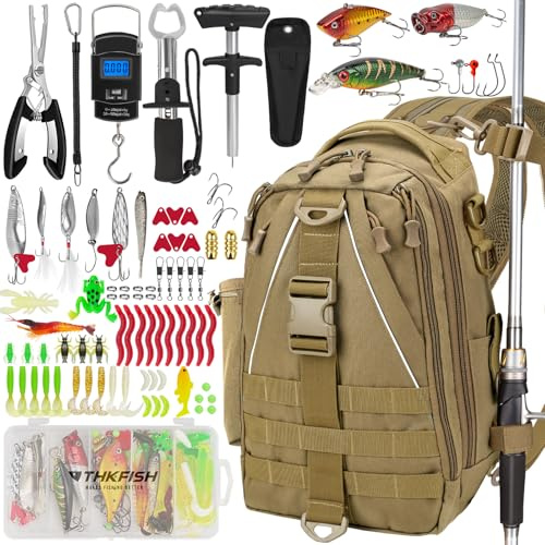 THKFISH 85-Teiliges Köder-Set mit Rucksack, Angelkoffer mit Zubehör,Angelzubehör Angeltasche, Angelwerkzeug-Set Angeln Köder Kits inklusive Haken,Zubehör-Set,Zange für Süßwasser Salzwasser