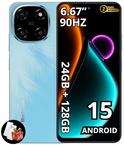 Blackview Color 6 | Smartphone Android 15 | 6,67 HD+ IPS 90Hz | 24GB RAM + 128GB (espandibile fino a 2TB) | 50MP + 13MP | Batteria 5000mAh | Dual SIM | LTE | 2 anni di garanzia | Blu Celeste