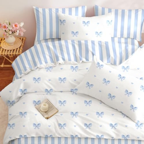 Freyamy Bettwäsche 200x220 Blau Schleifen Herzen Gestreifte Bettwäsche Set | Mädchen Wendebettwäsche Aesthetic, 3teilig, Microfaser ÖKO-TEX Bettbezug mit Reißverschluss und 2 Kissenbezug 80x80cm