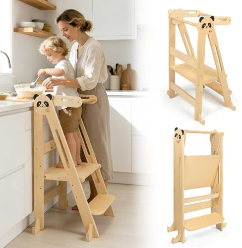 SOFTHOM Lernturm Klappbar, Montessori Learning Tower für Kinder, 3-Fach Höhenverstellbar, Platzsparend, Sicherheitshandlauf, 360° Kippschutz, Multifunktion Lernturm ab 1 Jahr für Küche(Birke), Natur