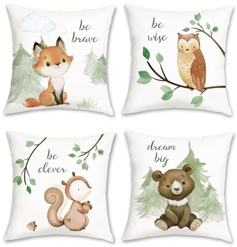 Bonhause 4er Set Kissenbezüge Tiere 40 x 40 cm Waldtiere Fuchs Bär Eichhörnchen Eule Dekorative Kissenhülle Zierkissenbezüge für Kinder Babyzimmer Dekoration