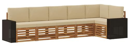 vidaXL Ecksofa Set mit Kissen 6 pcs Natur und Beige Massivholz Akazie, Garten, modernes Outdoor-Sofa, Eckmöbel, Lounge für die Terrasse, gemütliches Sitzset